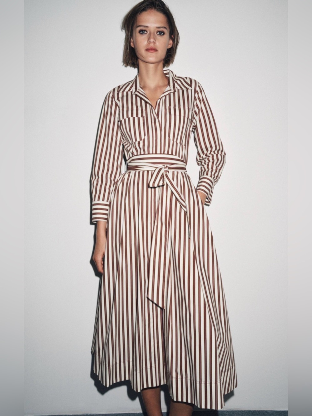 Zara Brown and White Striped Midi Shirtdress